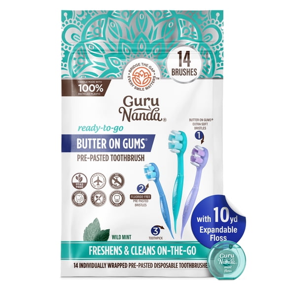 GuruNanda Mini Disposable Travel Toothbrushes with Toothpick, Prepasted, Fluoride-Free, 14 Count