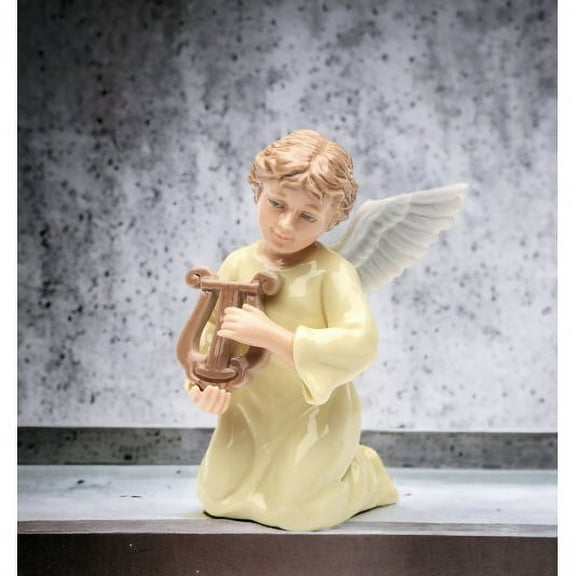 Ceramic Angel Figurine Playing Harp 3.25 Inch
