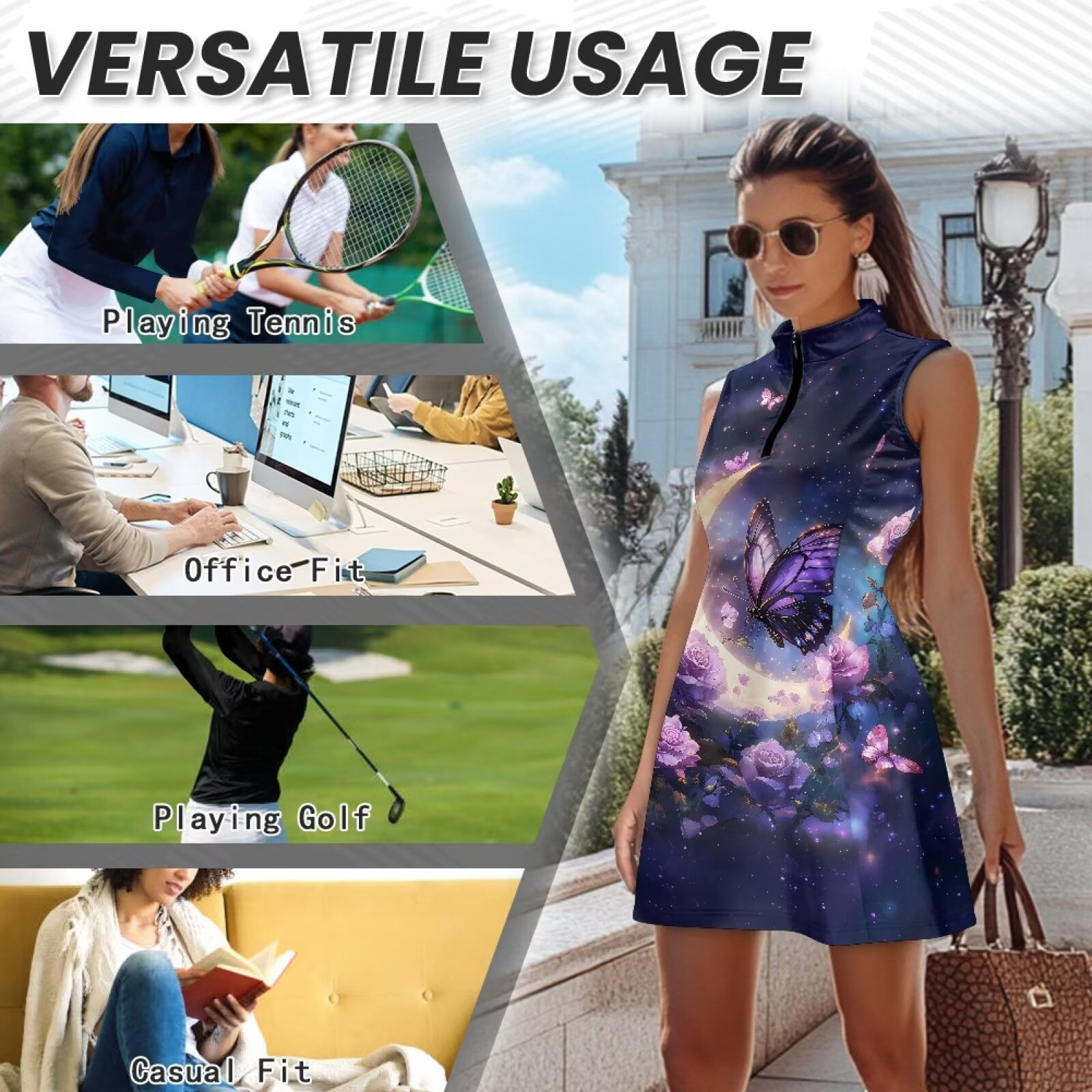 Yuyamidu Butterfly Rose Womens Golf Dresses with Built-in Shorts Athletic Dress for Woman Zip Up Tennis Dress for Women Dry Fit Summer Clothes Size XL