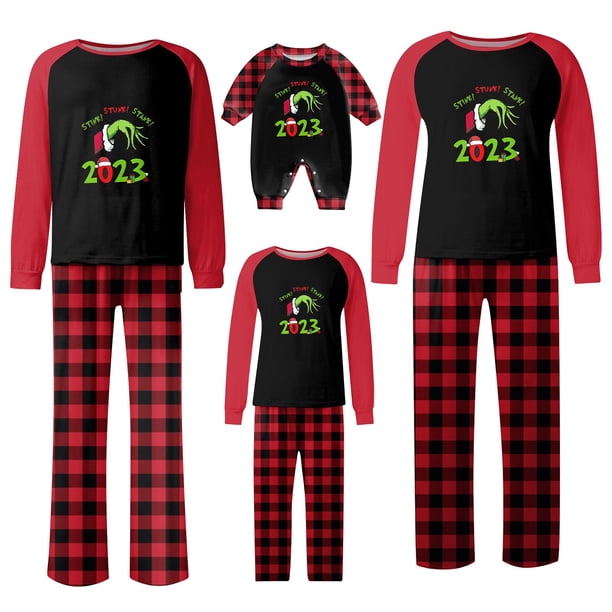 Conjuntos de pijamas navideños familiares a juego Grinch 2024, pijama de Grinch con parte superior y pantalones de pijama a cuadros, pijama de Grinch para niños y adultos para la familia, Hombres XL