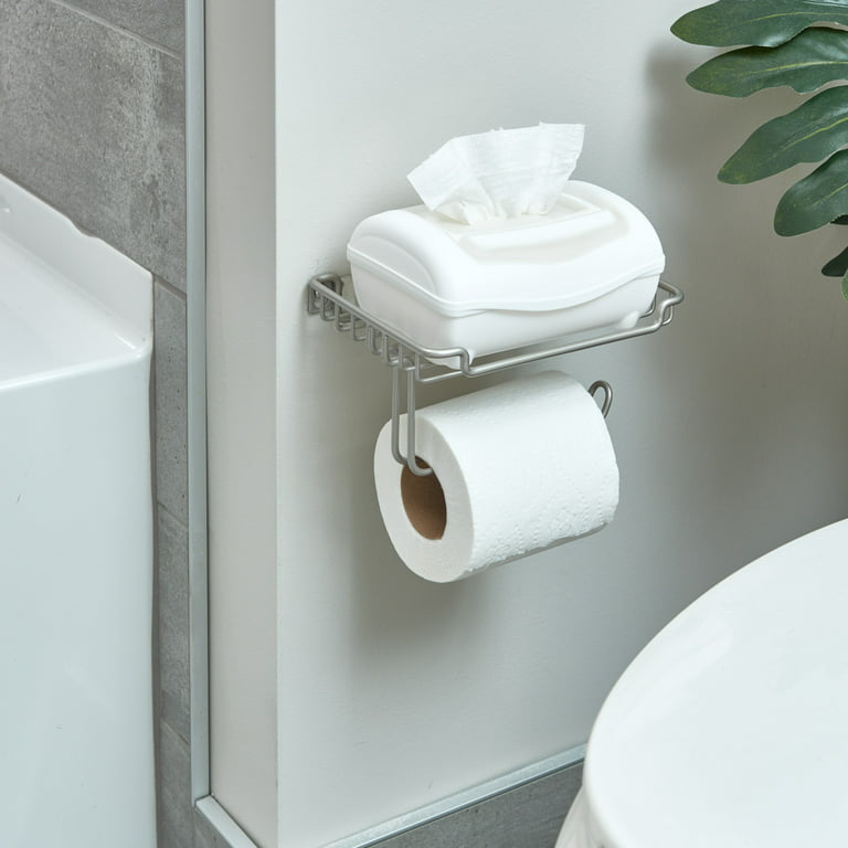 Mainstays Wall Mount Toilet Paper Dispenser with Shelf, 7.2 inch x 5.3 inch x 3.8 inch, Satin, Size: Small