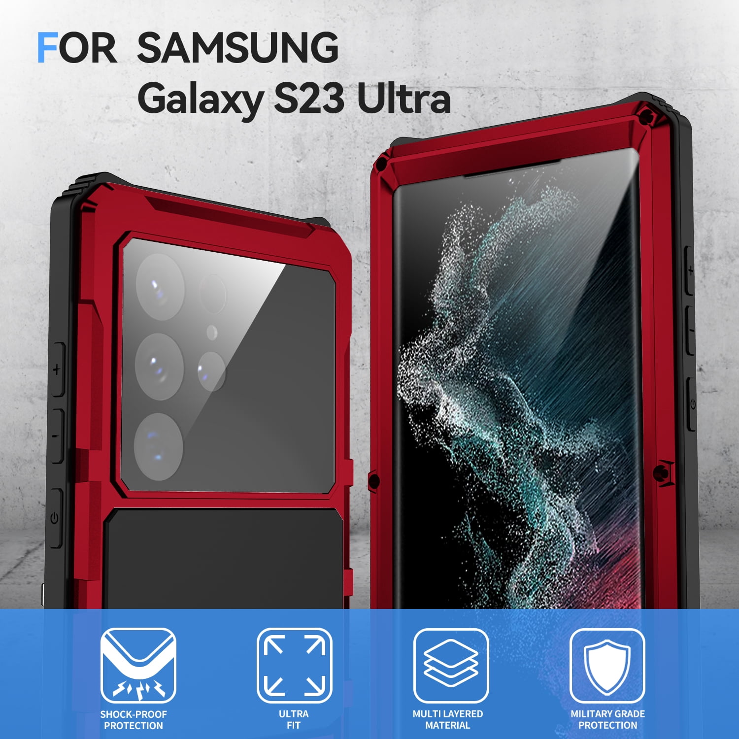 TECH CIRCLE Galaxy S23 Ultra Case, Metal Bumper Silicone Built-in Screen Protector Stand dustproof Drop-Proof Heavy Duty Shockproof Rugged Military Cover for Samsung Galaxy S23 Ultra 6.8" 2023, Red