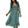 thumbnail image 3 of Seyurigaoka Women Fashion V-neck Print Dress Stylish Three Quarter Sleeve Dress, 3 of 5