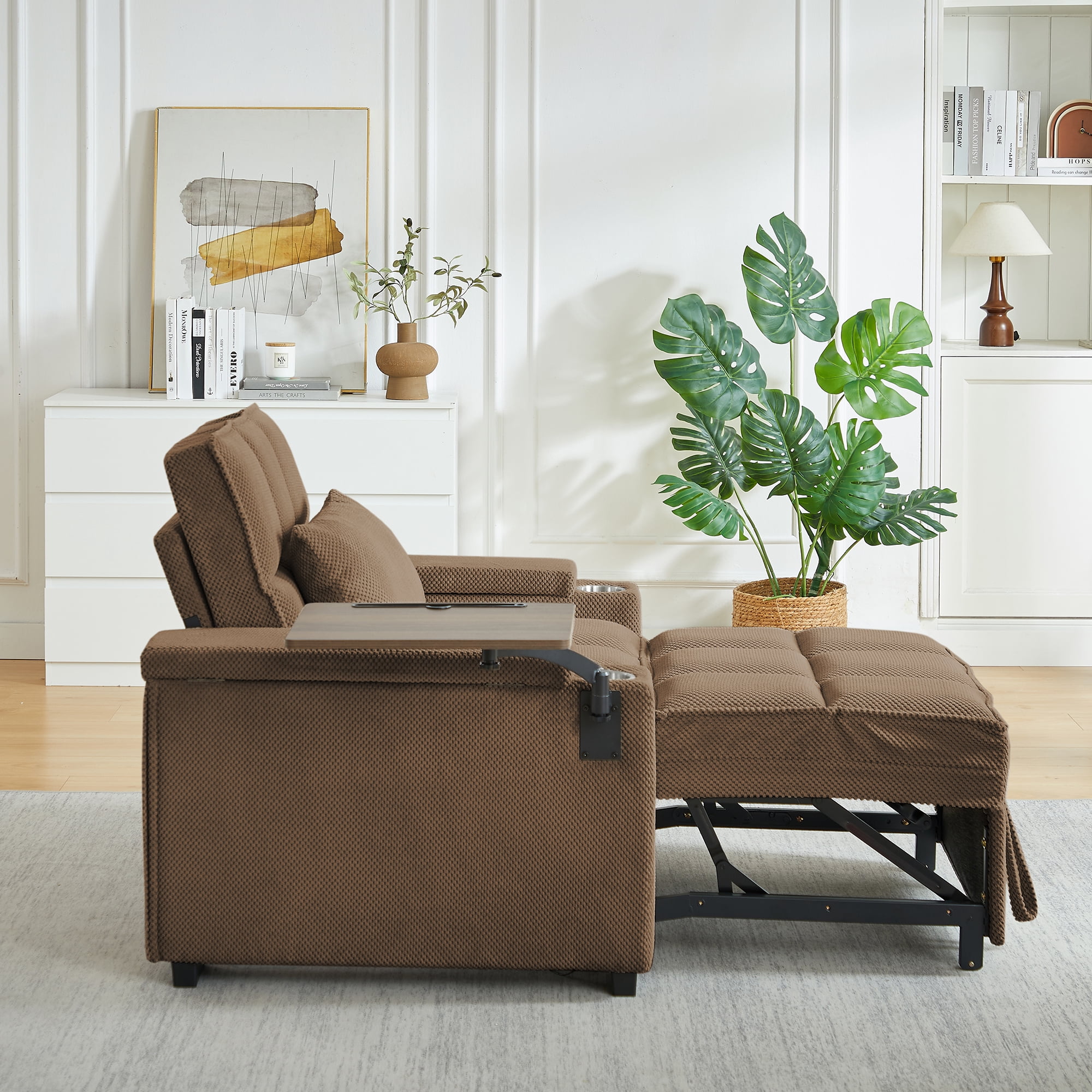 Gewnee 3-in-1 Convertible Sleeper Chair with Adjustable Backrest,Pull-Out Single Sofa Bed with Swivel Side Table & USB Ports & Cup Holder,Perfect for Dorms,Offices.Coffee