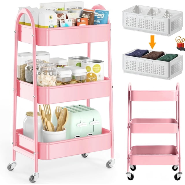 Organizador de 3 Niveles, Carrito de Almacenamiento Metálico con Ruedas de 360° y Freno, Estante Multiusos sin Tornillos para Cocina, Baño, Oficina (Rosa)
