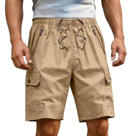 Yievot Men's Cargo Shorts Cotton Elastic Waist Knee Length Outdoor Hiking Camping Shorts with Multi Pockets