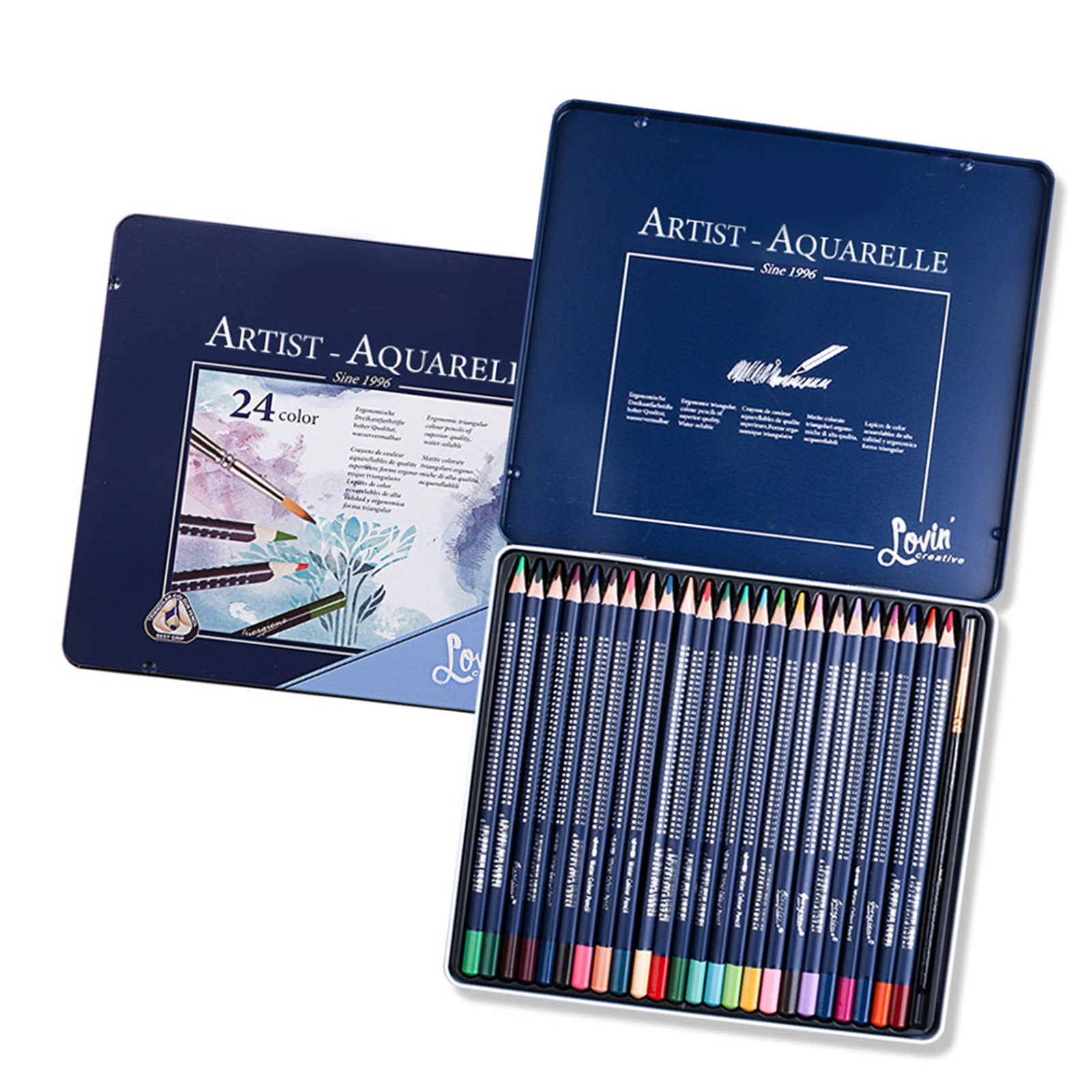 Watercolor Colouring Pencils Set with Metal Case For Kid Adults Artist Sketching Pre Sharpened Colored Pencil With Brush