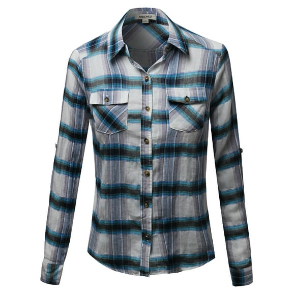 FashionOutfit Women's Cotton Plaid Checkered Rolled up Shirt Blouse Top