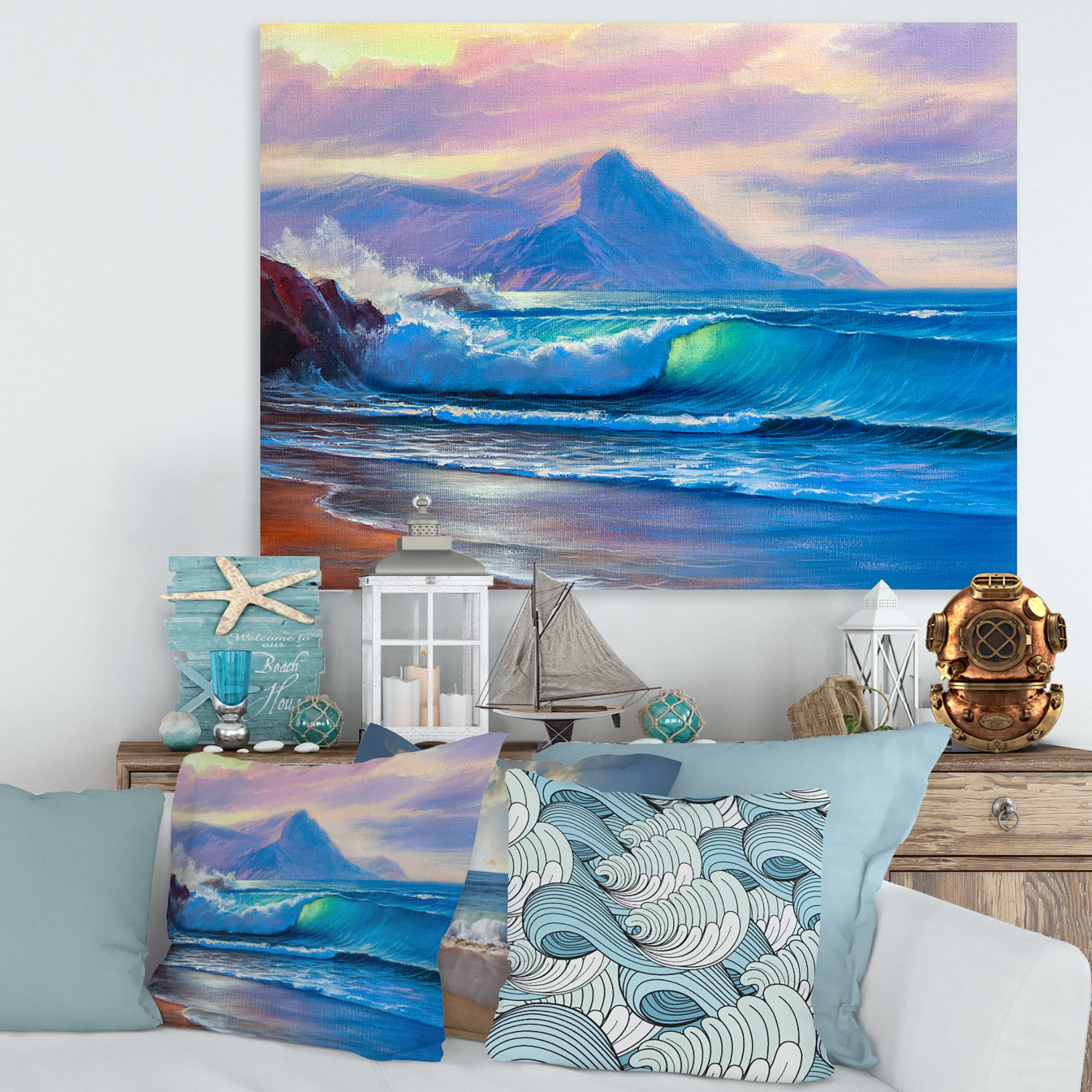 Designart ' Blue Waves Breaking At The Beach Landscape I ' Nautical & Coastal Canvas Wall Art Print
