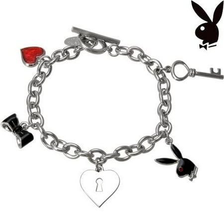 - Playboy Bracelet Bunny Charm Heart Lock Key Bow Tie Toggle Platinum Plt Playmate