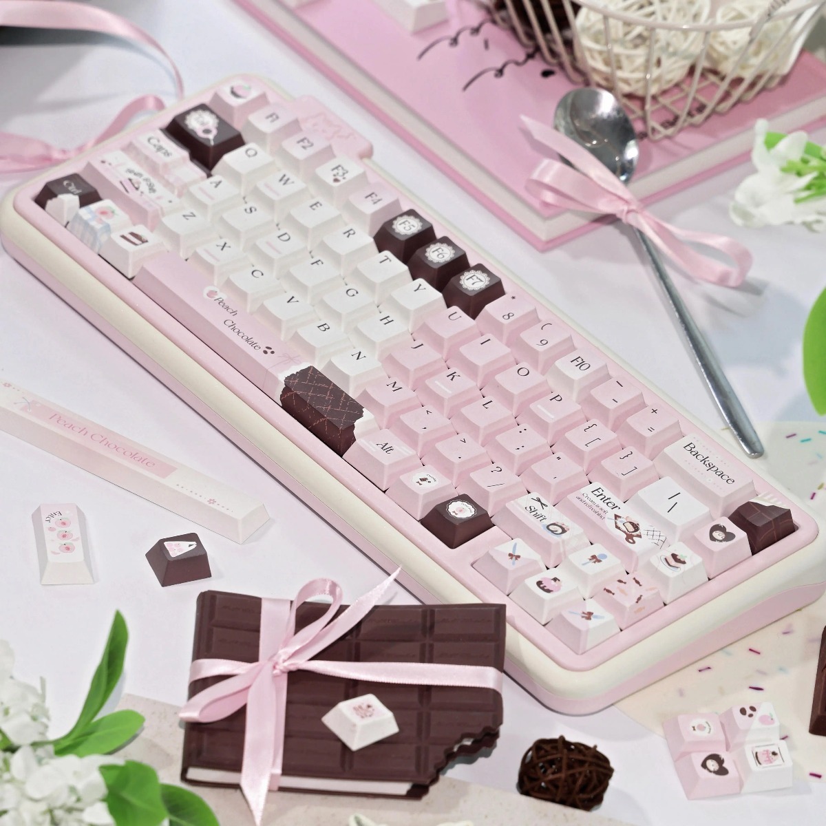 Original Peach Pink Cream Heart-Shaped Keycaps, Custom Mechanical Keyboard Keycaps – 4 Styles: OEM Heart Version (Full Set 149 Keys + Keycap Puller / Mini Set 130 Keys + Keycap Puller), FOA Heart Ver