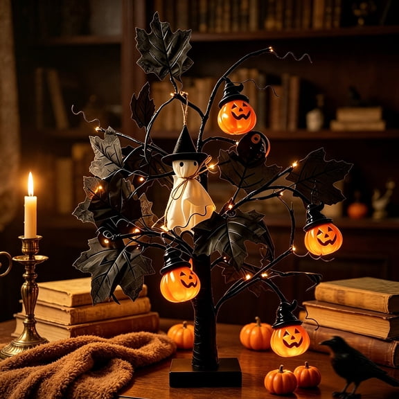 Clearance Under $10 Lighted Tabletop Halloween Tree – Black Maple Tree with Pumpkins and Ornaments, LED Centerpiece for Home Mantel Display, 1-Pack