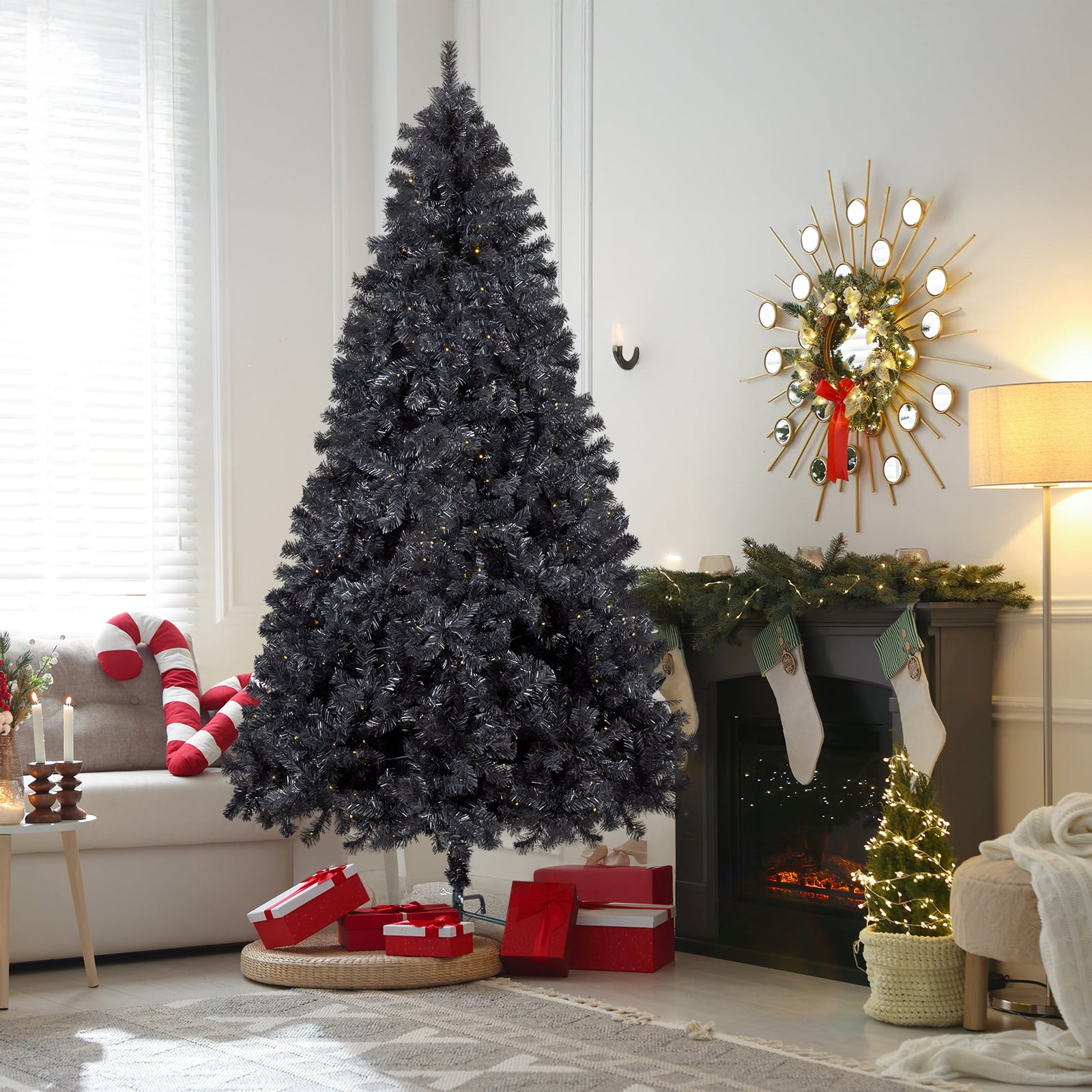 Astoutdoor 7.5 ft Pre-lit Artificial Christmas Tree, Hinged Xmas Pine Tree with 1350 Branch Tips, 400 Lights and Remote Control, Black