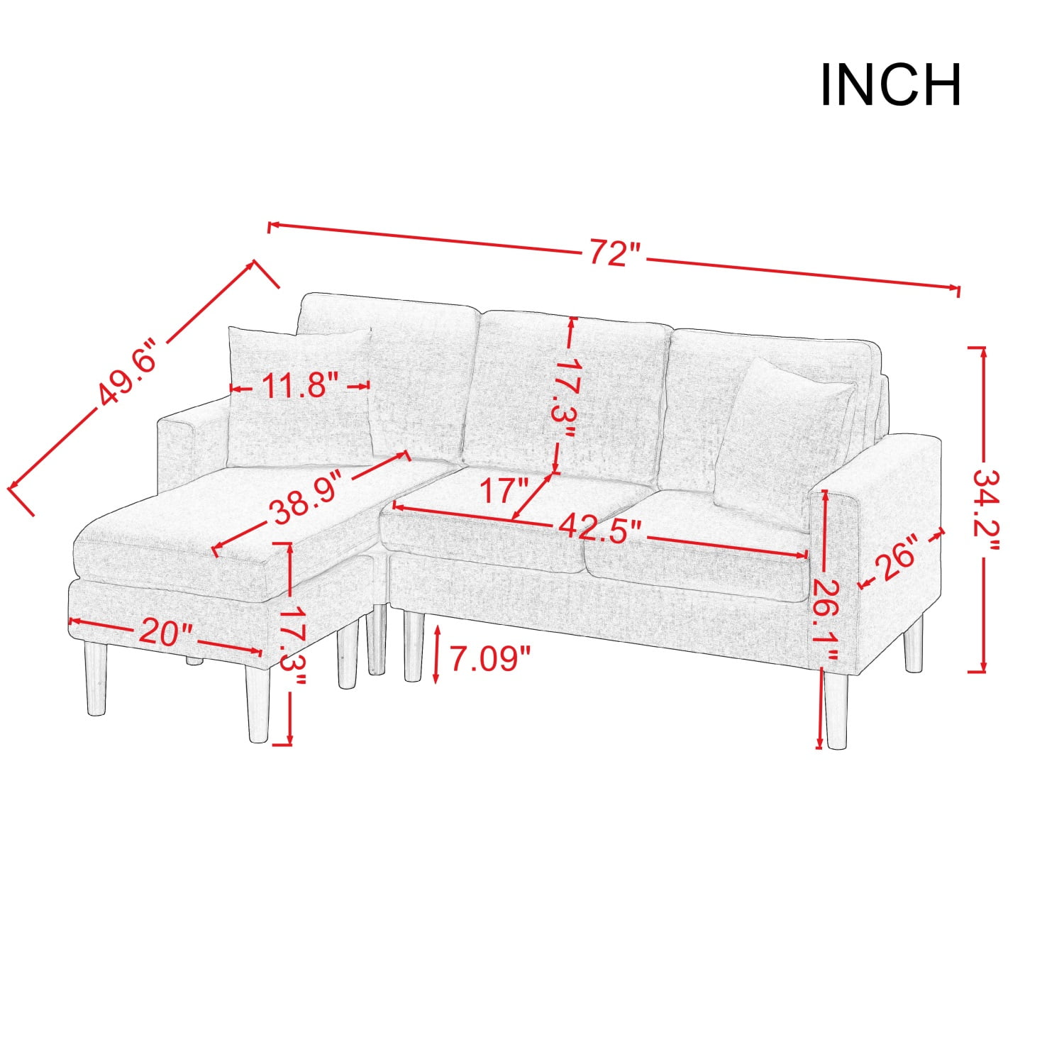 Kadyn 72" Sectional Sofa, L-Shaped Sofa with 2 Pillows, Fabric 3-Seat Sofa for Living Room, Beige