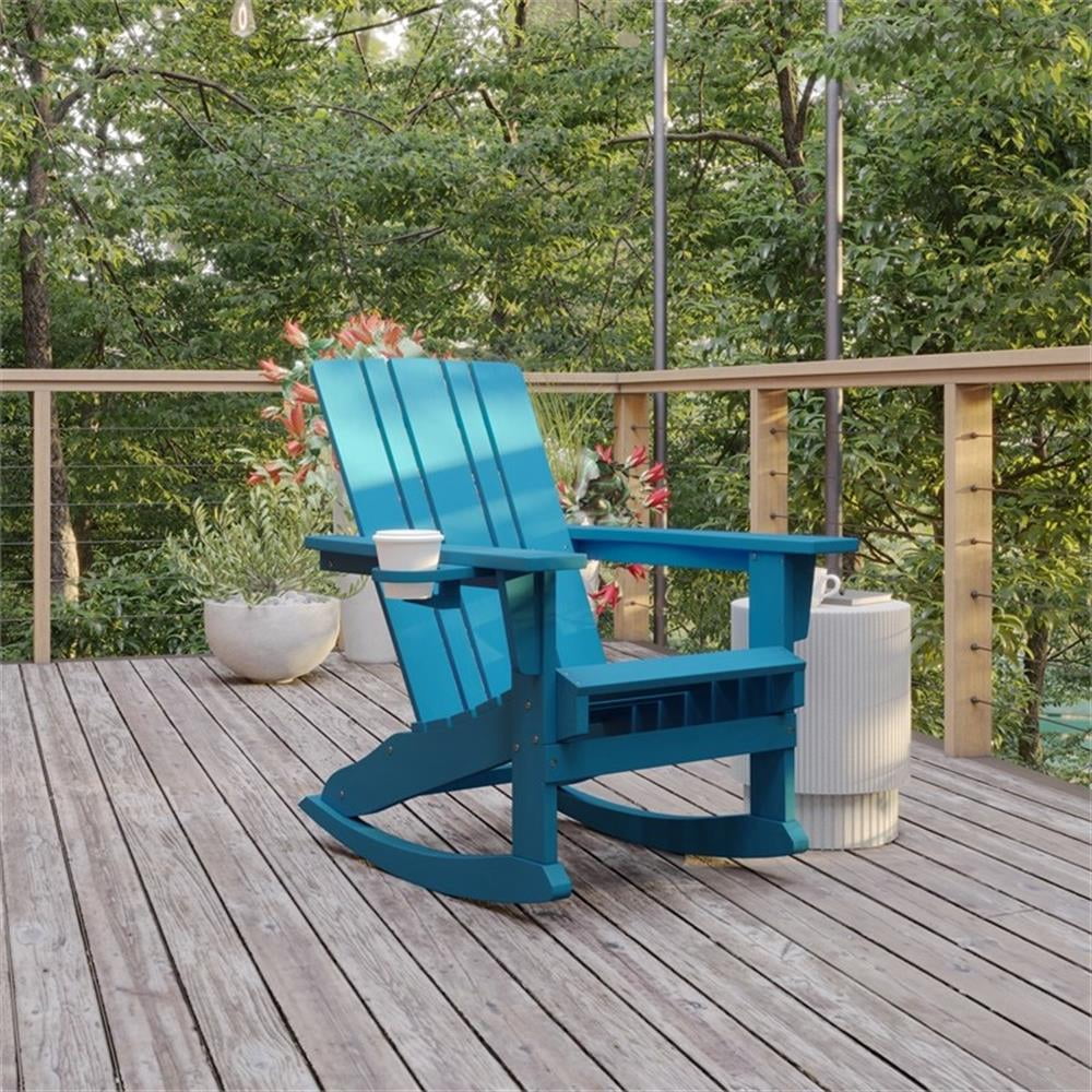 Bowery Hill Plastic Rocking Adirondack Chair with Cupholder in Blue