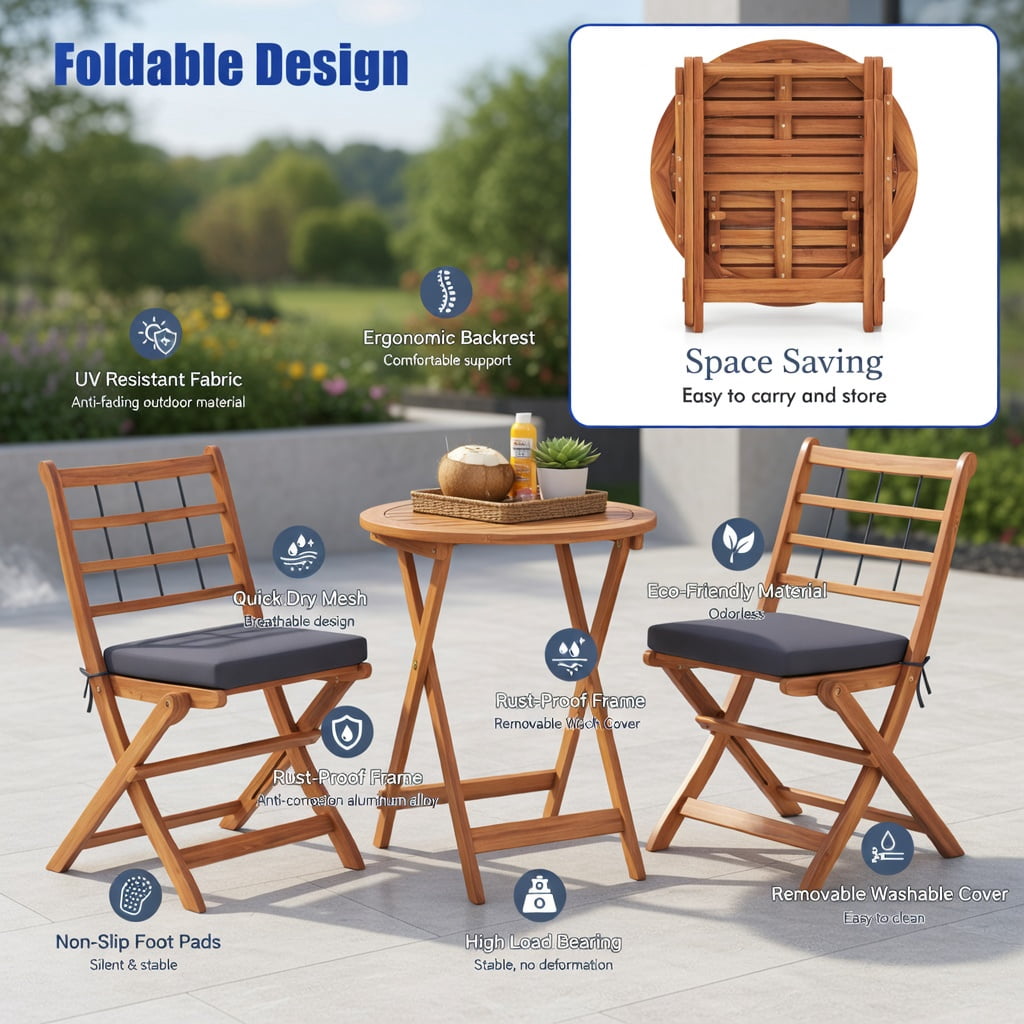 Hommoo 3-Piece Acacia Wood Folding Patio Bistro Set with Cushions, Outdoor Dining Set for Balcony, Porch & Garden, Gray