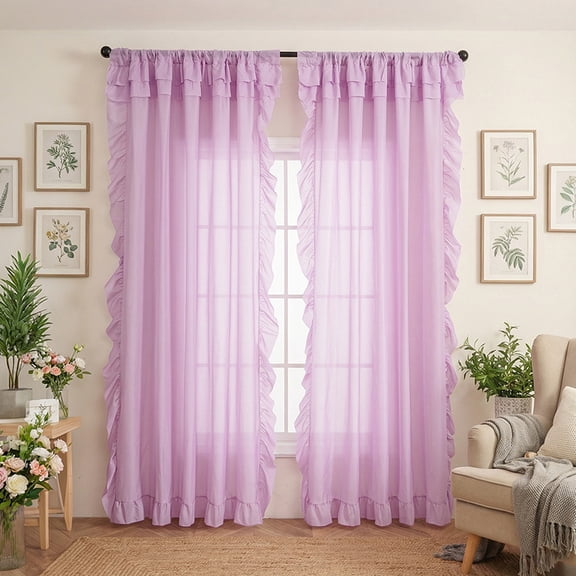 XmhyTop-A 2-Pack Sheer Ruffle Window Curtain Panels, 140x220cm Farmhouse Cottage Curtains, Flowy Ruffled Bedroom Curtains, Semi-Sheer Panels,Purple