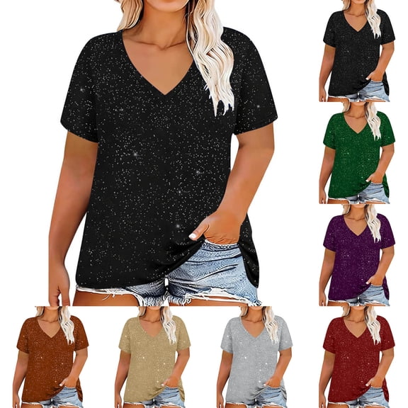 Purcolt Womens Plus Size Tops Short Sleeve V Neck Loose Fits Basic Summer Shirts Casual Tunics T-Shirt XL-5XL