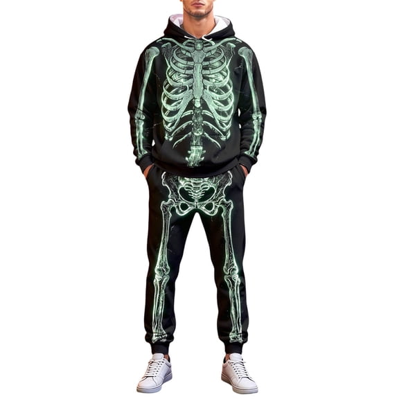 CONFREE Halloween Mens Tracksuit 2 Peice Lined Sweat Suit for Men Hallowmas Skeleton Graphic Hoodies Joggers Outfits Warm Fall Winter Track Suits Set