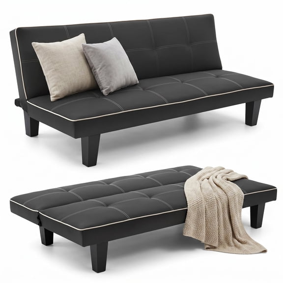 Lifarythm Futon Sofa Bed, Futon Couch with 3 Adjustable Backrest Convertible Twin Size Modern PU Leather Sleeper Sofa for Living Room 69", Black