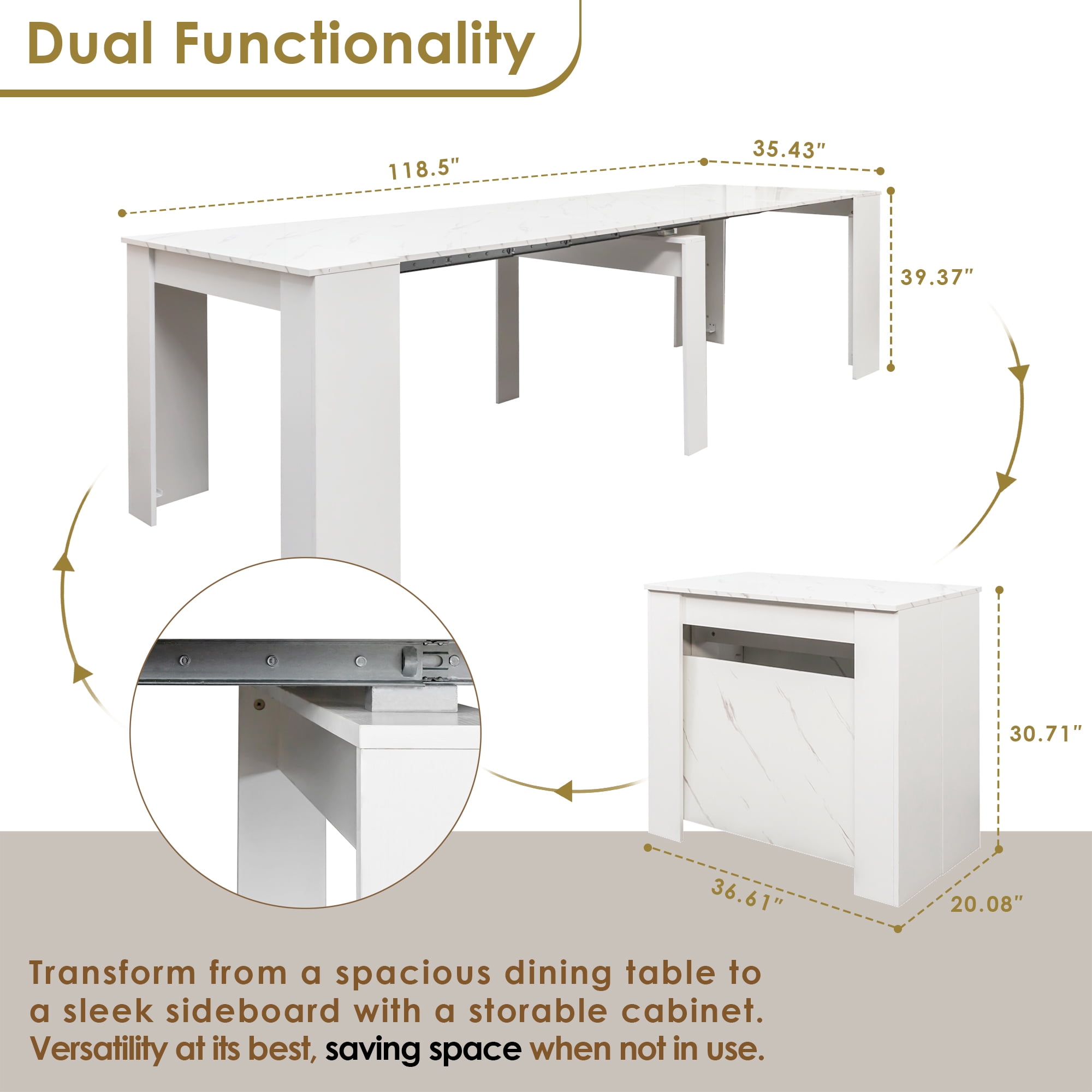 20"-118" White Marble Extendable Dining Table for 2-12 People, Modern Modular Extension Table, Space-Saving Extra Long Folding Dining Table, Multifunctional Conference Meeting Table