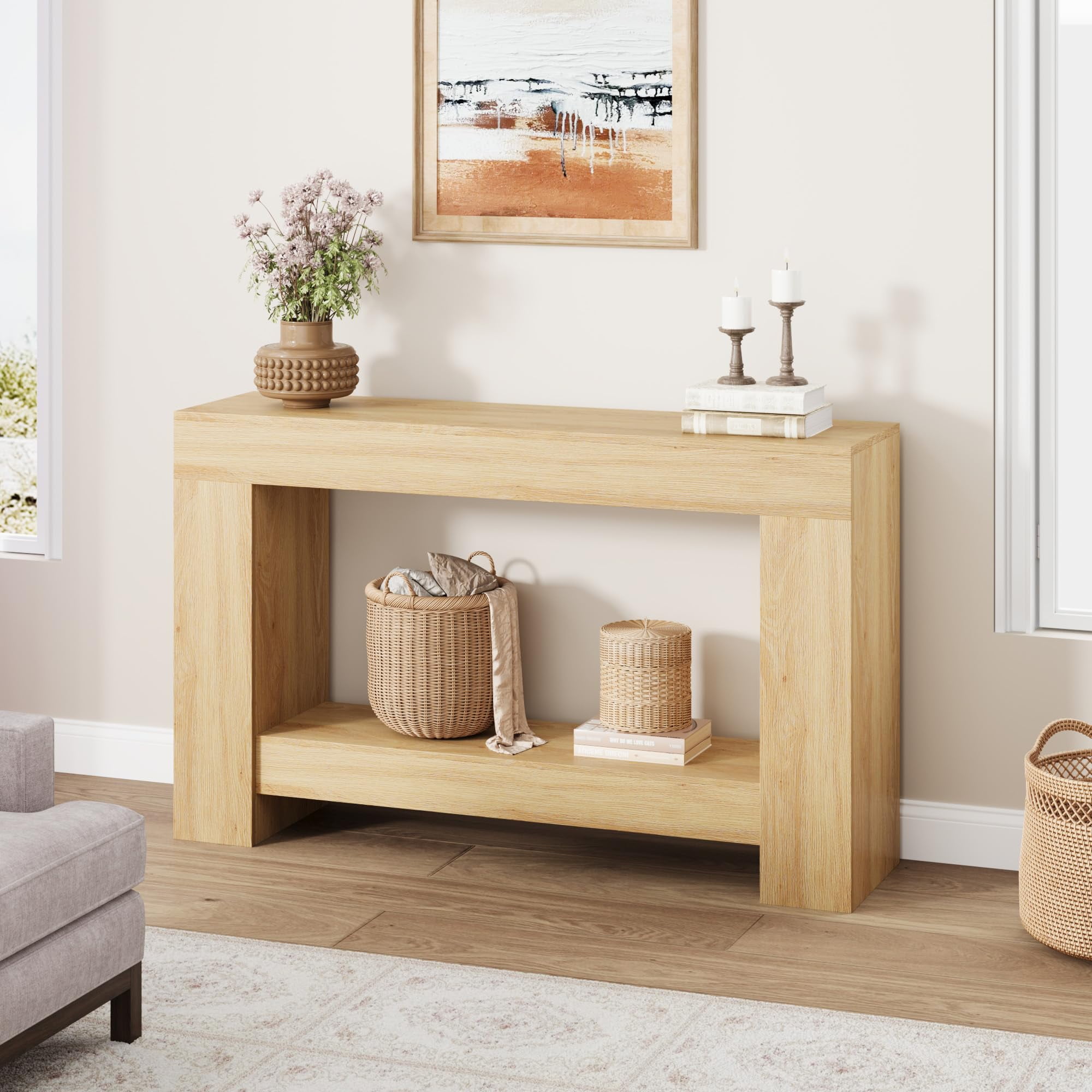 Farmhouse Console Table for Entryway – 2-Tier Wooden Sofa Table with Storage – Long Hallway Table – Durable Dining Room Accent –Wood Color 1.2 Meters