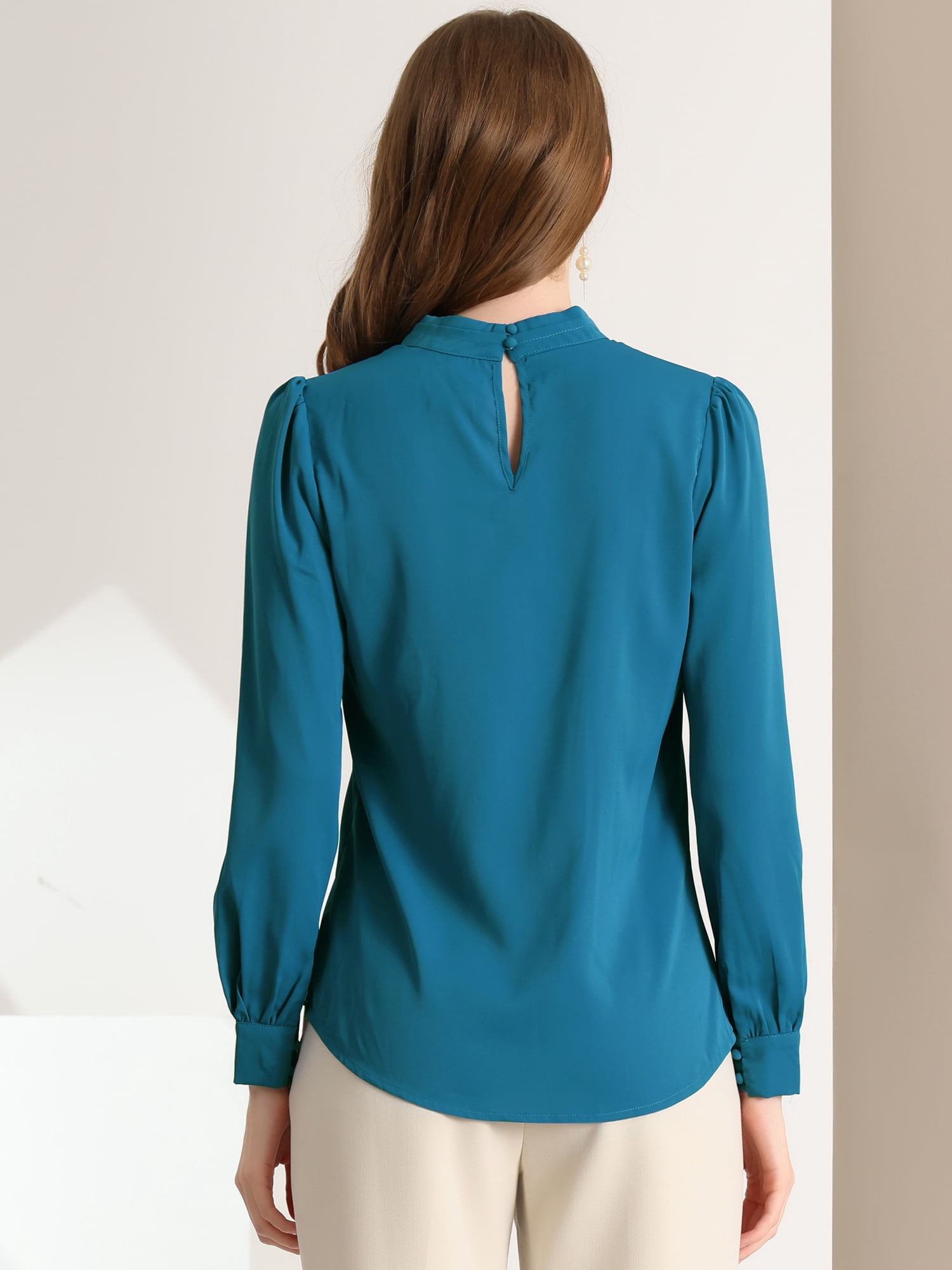 DARING DIVA Women's Stand Collar Long Sleeve Office Blouse M Peacock Blue