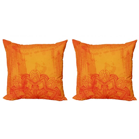 Mandala Throw Pillow Cushion Cover Pack of 2, Feather Leaves Illustration with Triangular Aspect Strokes, Zippered Double-Side Digital Print, 4 Sizes, Marigold Vermilion, by Ambesonne