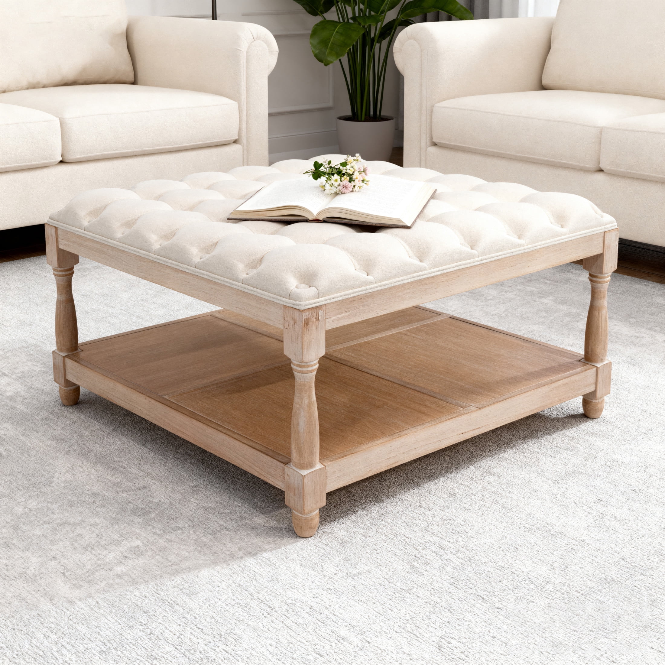 Noble House 33" Large Square Tufted Storage Ottoman Coffee Table with Storage Shelf and Solid Wood Base, Beige