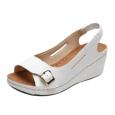 

PEASKJP Summer Sandals for Women Trendy Women s Summer Casual Strappy Sandals Dressy Cute Square-Toe Comfortable Flat Shoes (White 7.5)
