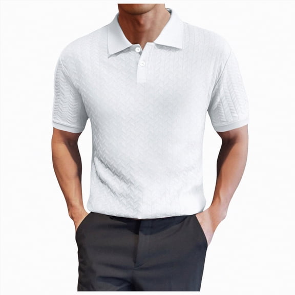 NOLDARES Men's Textured Ribbed Polo Shirt Cotton Short Sleeve Classic Collared Golf Vacation Shirts(White,2XL)