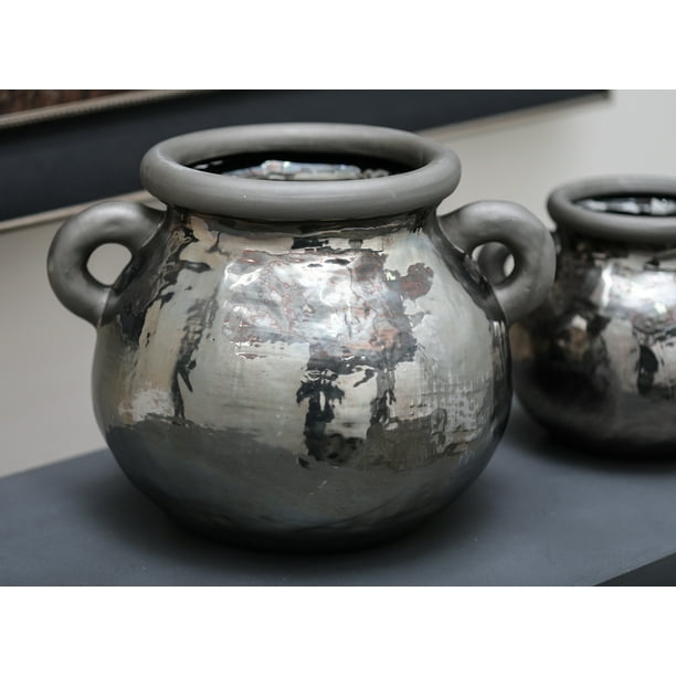 Decmode Eclectic Style Large Round Electroplated Metallic Silver Ceramic Pot With Handles 14 X 10 Walmart Com Walmart Com