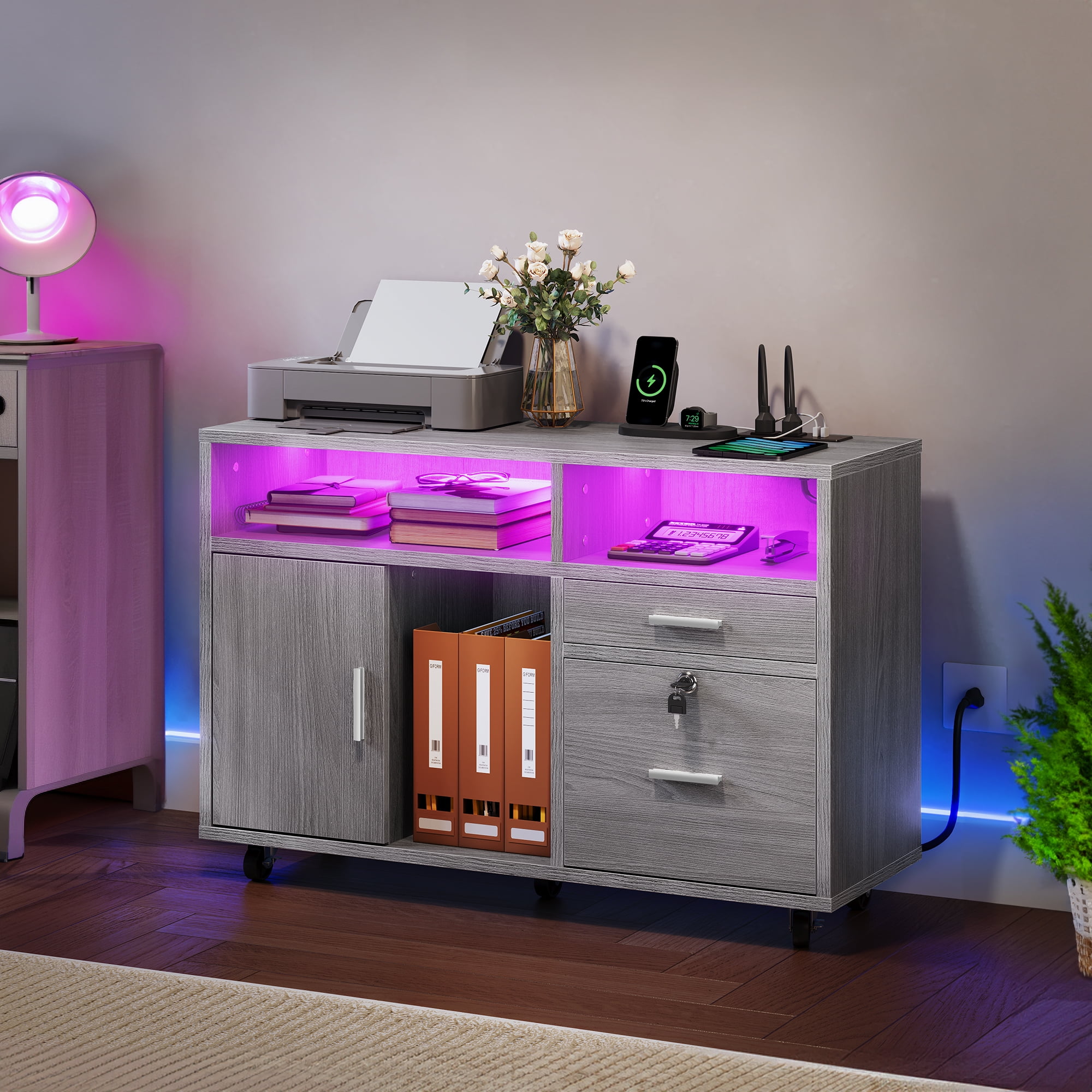 DEXTRUS Wood File Cabinet with LED Light and Lock, 2 Drawer Mobile Lateral Filing Cabinet with Open Storage Shelves & Charging Station, Gray