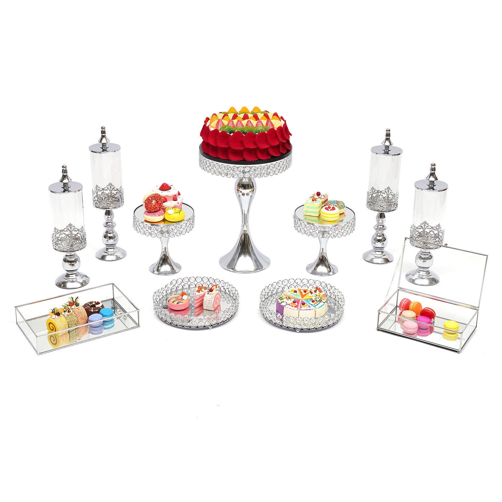 6PCS Wedding Cake Stand Crystal Decor Metal Cupcake Holder w/ Crystal Dishes Set 
