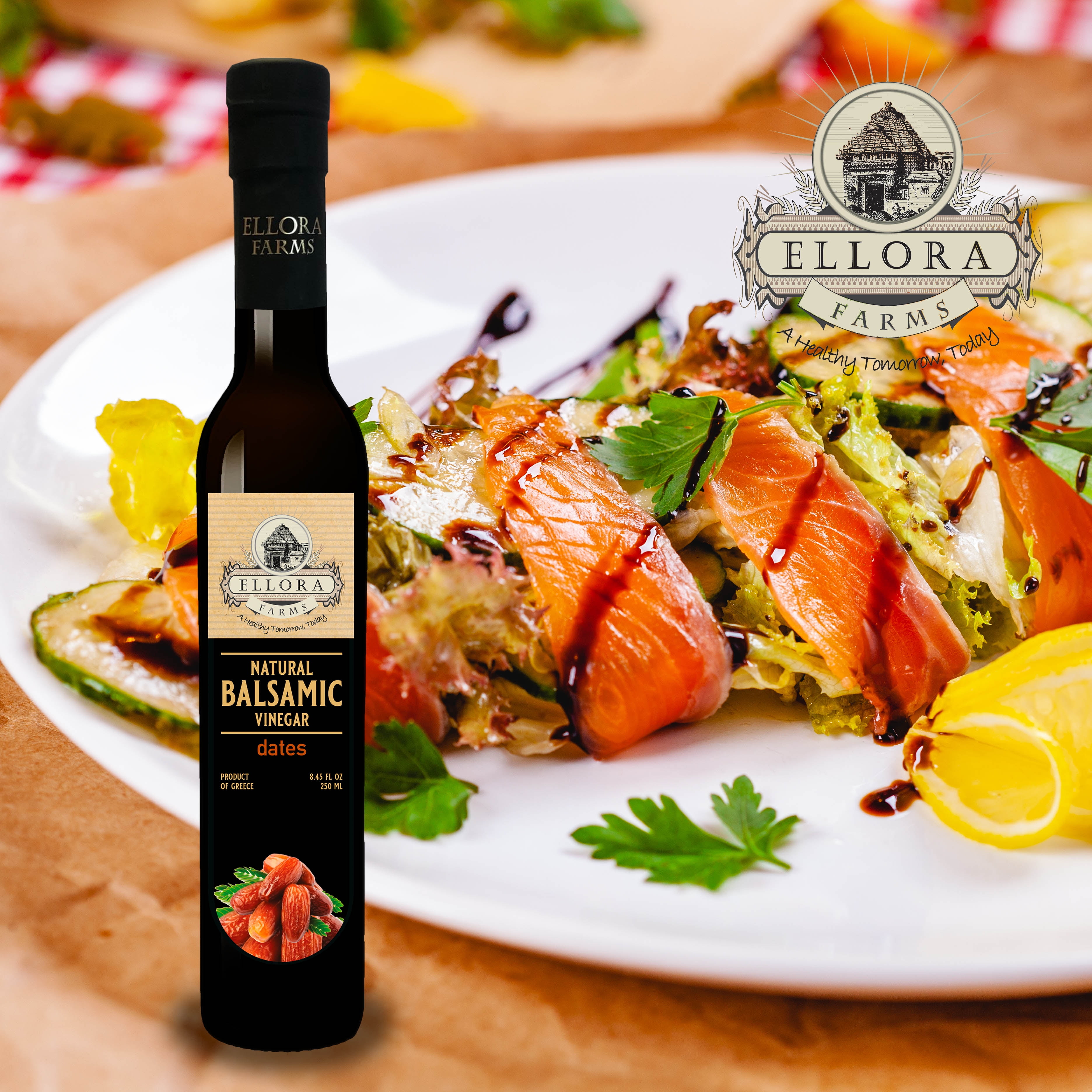 Ellora Farms Fresh Dates Infused Thick Balsamic Vinegar, No-Added Sugar, No-Preservatives, 8.45 oz Glass Bottle