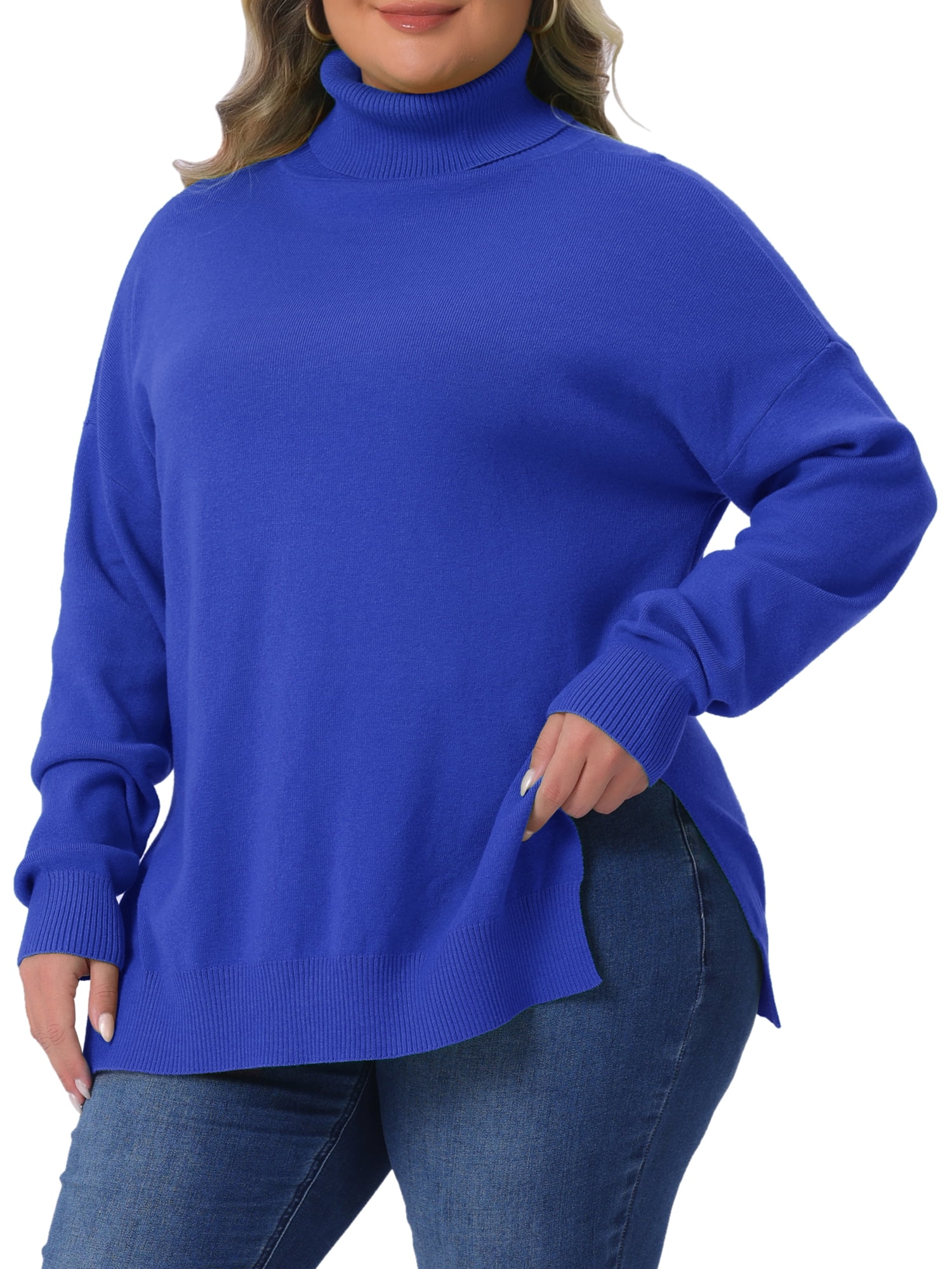 DARING DIVA Women's Plus Soft Turtle Neck Long Sleeve Pullover Knit Top 1X Blue