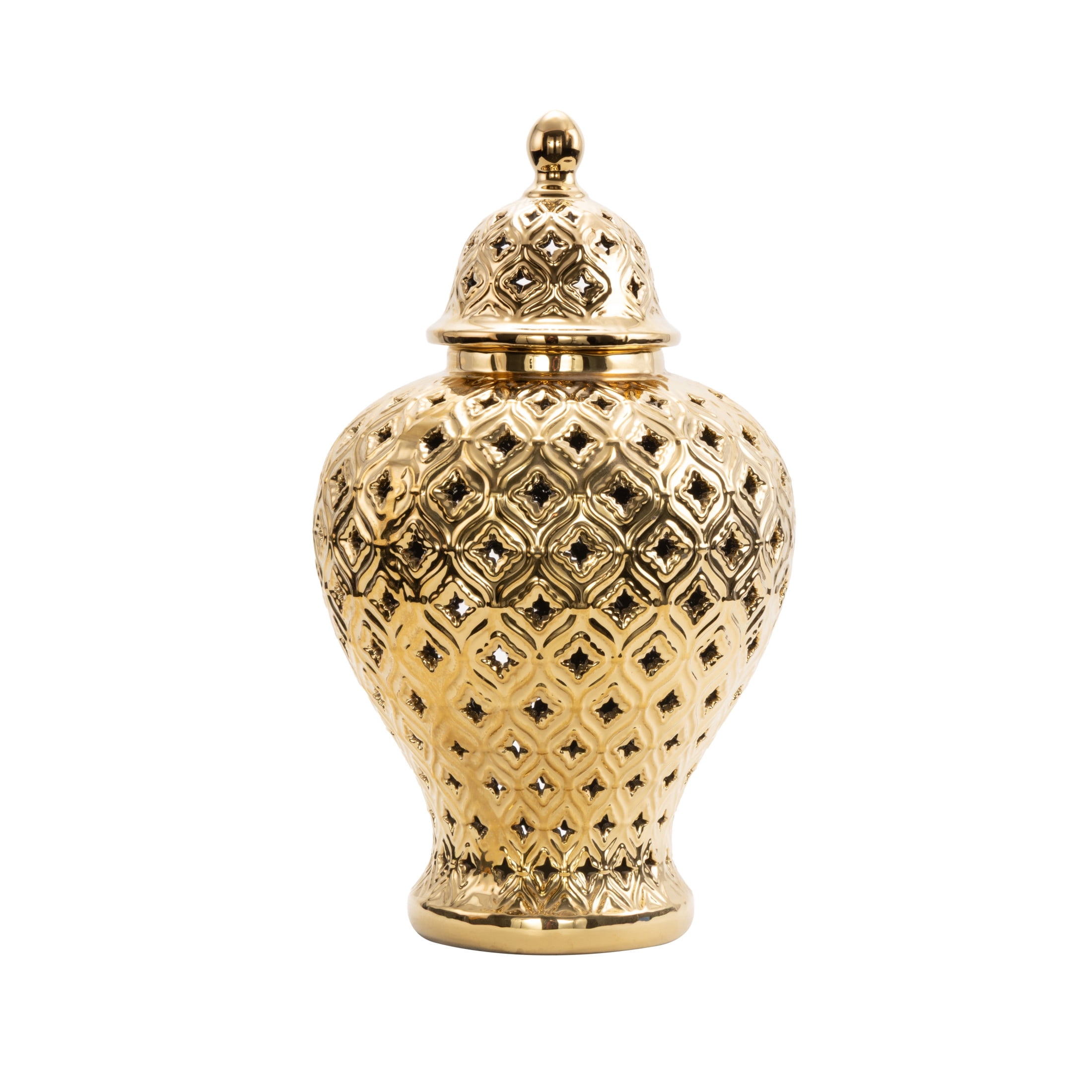 DecMode 10" x 18" Gold Ceramic Decorative Jars with Geometric Cutout Design and Lid, 1-Piece