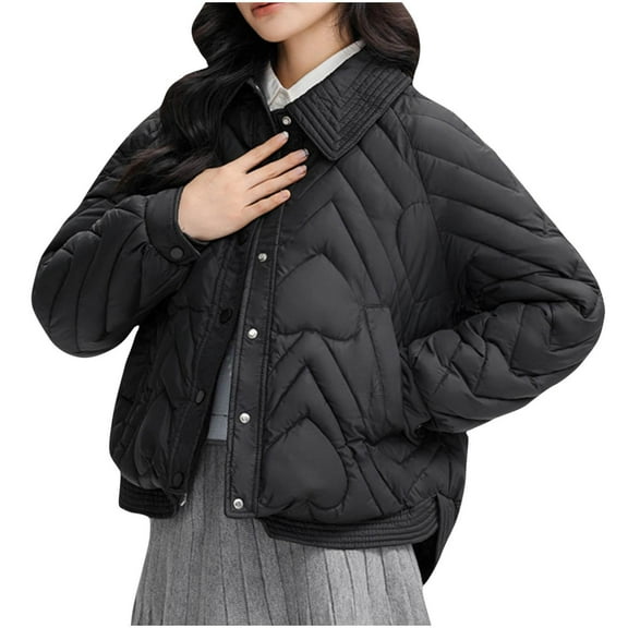 Plus Size Jackets For Women Trendy Solid Color Long Sleeved Thick Loose Collar Short Black Fall And Winter Coat Outerwear (M)