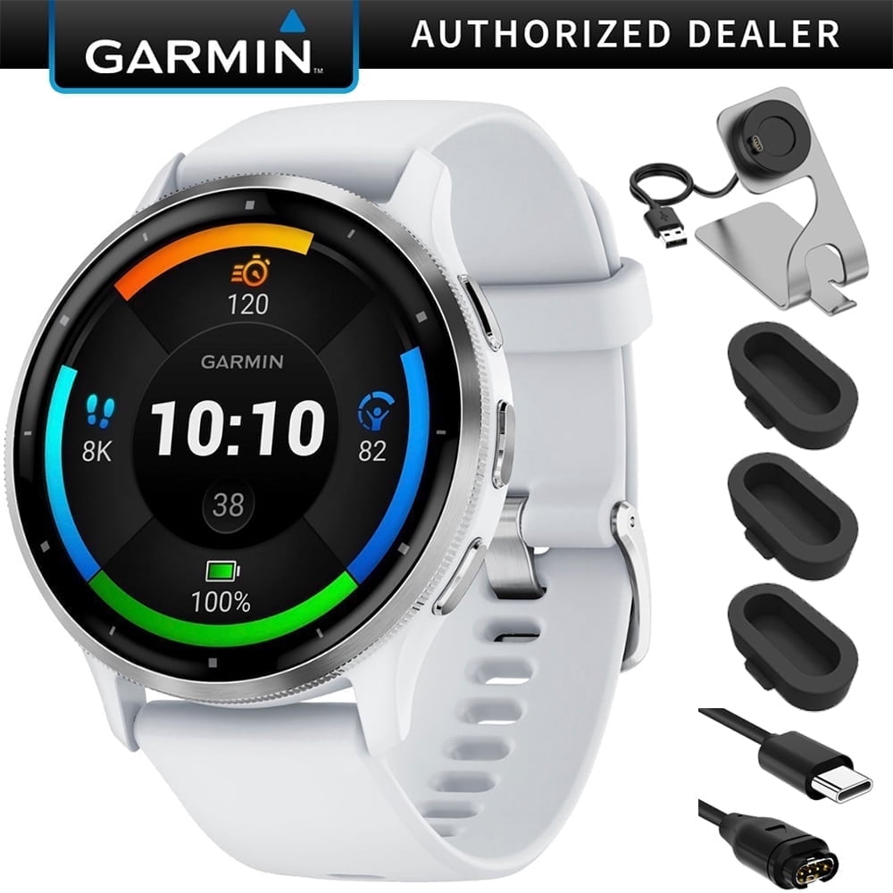 Garmin 010-02784-00 Venu 3 Health and Fitness GPS Smartwatch Silver Steel Bezel with Whitestone Case 45mm Bundle with Deco Essentials Charging Dock, Silicone Dust Cover 3 Pack and USB Type C Cable