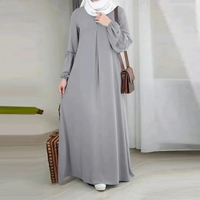 Ruimatai Women's Long Sleeve Muslim Dress Casual Floral Maxi Dress Round  Neck Cotton Summer Beach Vacation Elegant Loose Fit Tunic