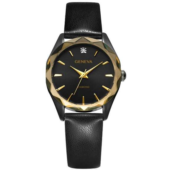 Geneva Ladies Gunmetal Tone Tone 32mm Genuine Diamond Faceted Bezel Smooth Black Strap Watch