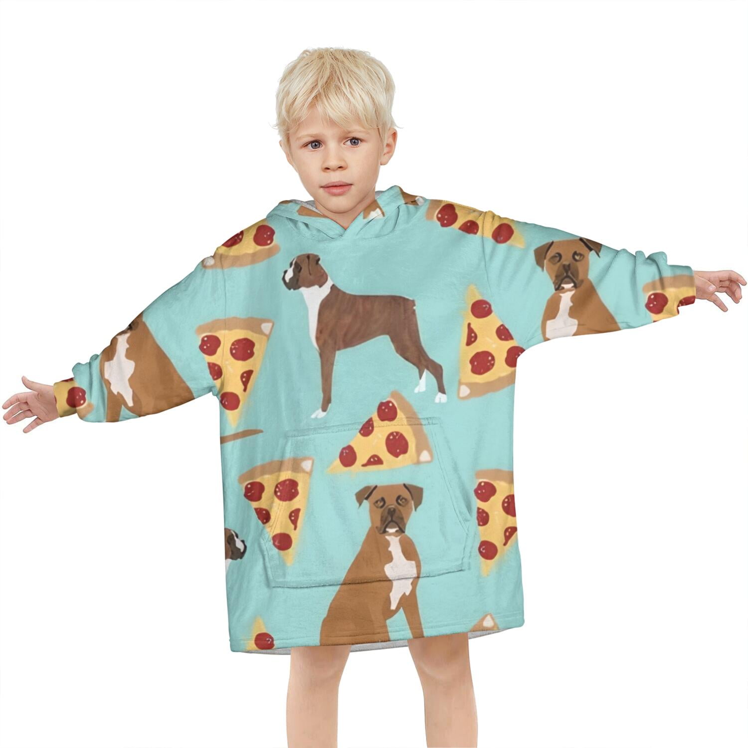 Boxer Dog Pitbull Terriers Dog and Pizza Blanket Hoodies for Kids 6-13YR Oversize Wearable Blanket Hoodies for Boys Girls Teens