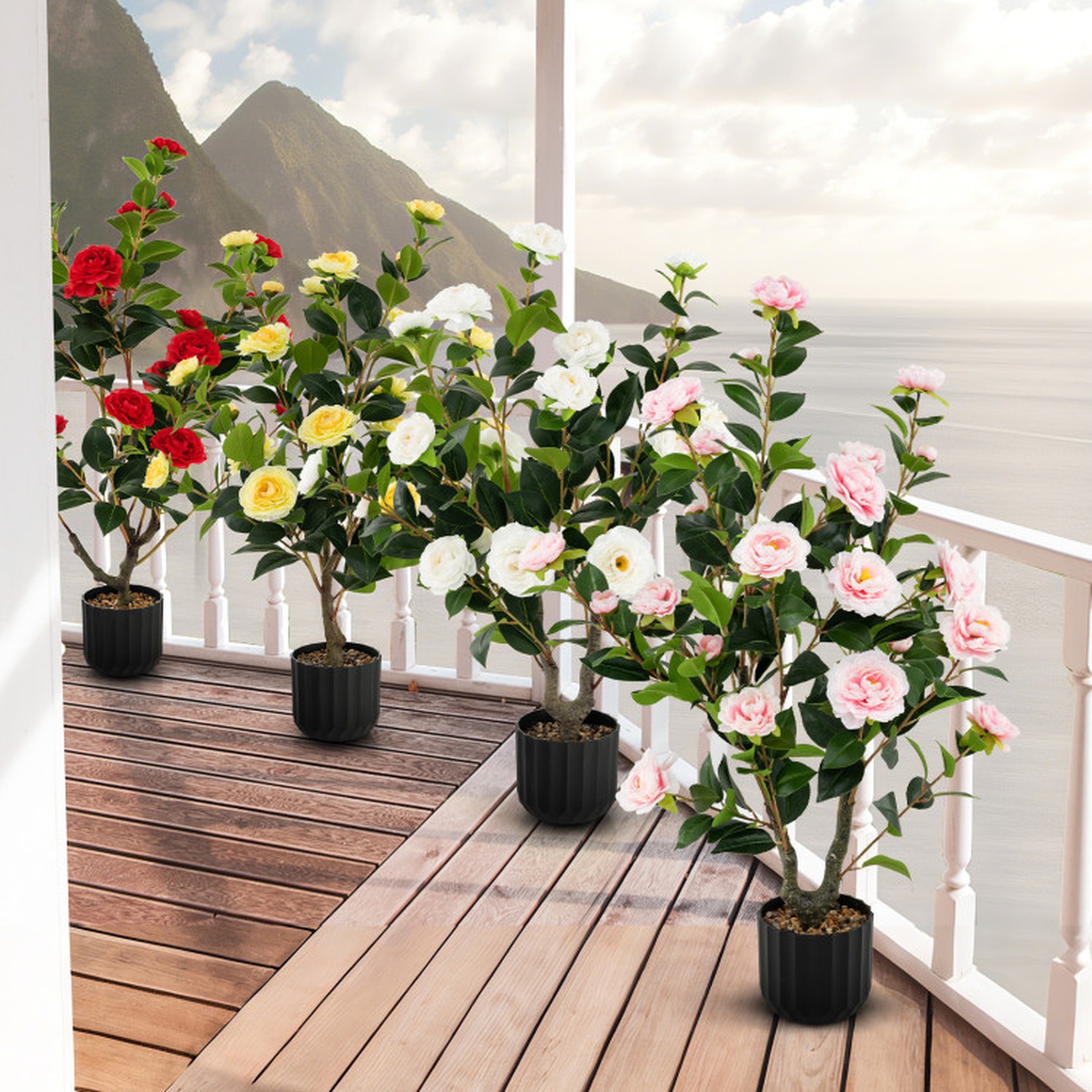 Vebreda Artificial Plant Decor, 38 Inch Artificial Camellia Tree Faux Flower Plant in Cement Pot, Gorgeous and Vivid Appearance