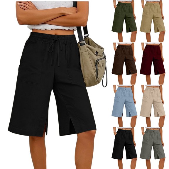 ZHYou Linen Shorts for Women Drawstring Waist Casual Loose Fit Side Split Hem Summer Long Shorts with Pockets,Black,Size L