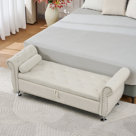 62.2 Inch Soft Velvet Storage Bench with Crystal Buttons and 1 Pillow, for Bedroom and Living Room, (Beige)