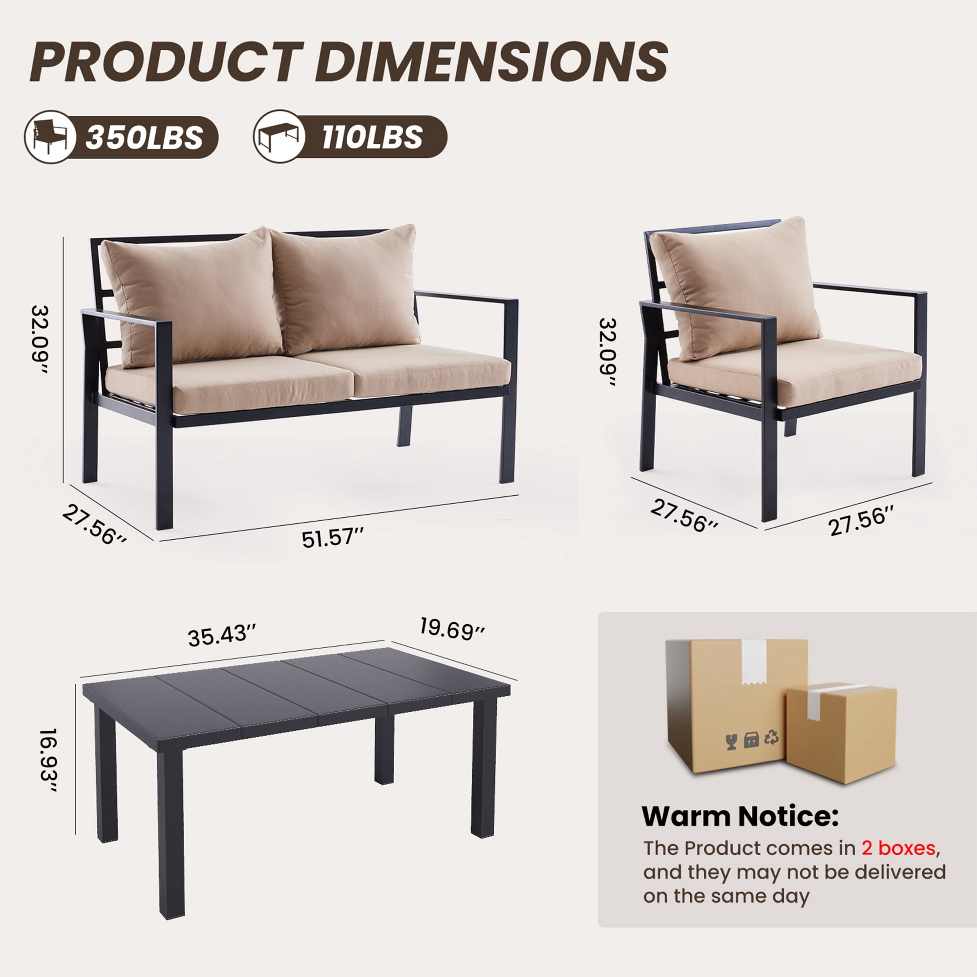 MAYEERTY Luxury Beige Metal Outdoor Furniture Set: 2 Single Chairs, 1 Double Loveseat, 1 Table