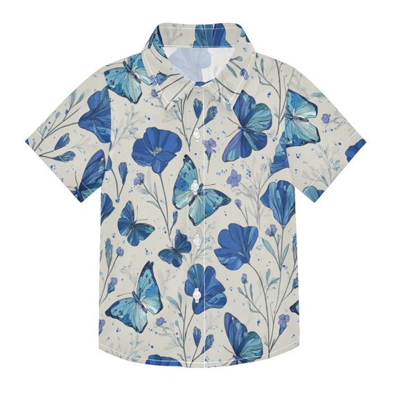 Boys Button-Down Shirt Short Sleeve Shirt Tops for 3Y Blue Butterfly and Flower