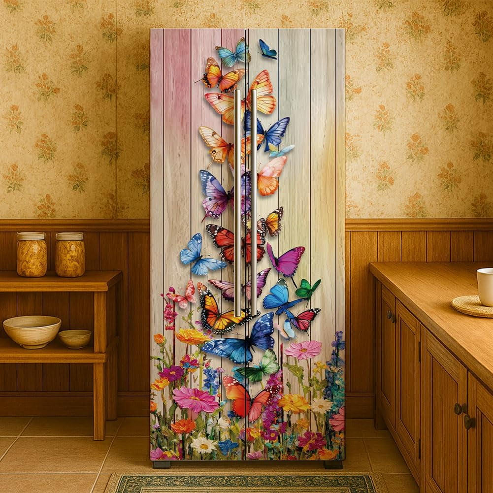 2 Pcs Butterfly Flowers Fridge Decor Stickers Self-Adhesive Fridge Stickers Peel and Stick Vinyl Fridge Decals Sticker
