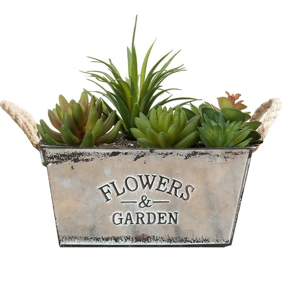 AURORA TRADE Rustic Small Metal Succulent Plant Container Bucket with 'Flowers & Garden' Quote and Twine Handles