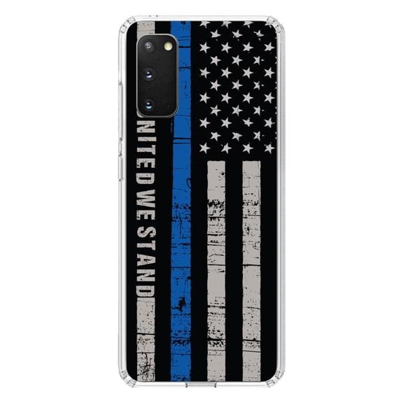 DistinctInk Clear Shockproof Hybrid Case for Galaxy S20 / S20 5G (6.2" Screen) - TPU Bumper, Acrylic Back, Tempered Glass Screen Protector - Thin Blue Line US Flag "United We Stand" First Responders